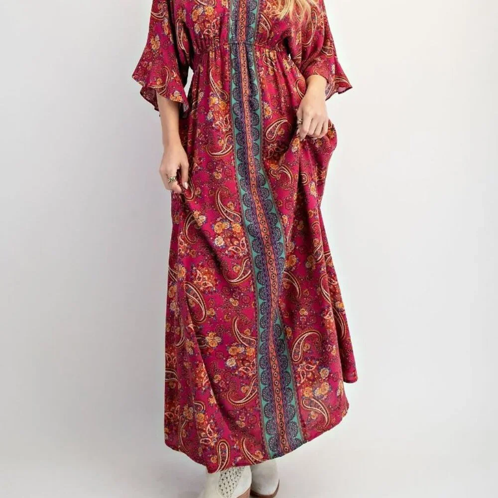 NWT Easel Magenta Border Print Challis Maxi Dress – Wing Sleeve Boho V-Neck Dres - Picture 2 of 4